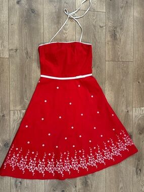 Red Halter A-Line Dress with White Floral
